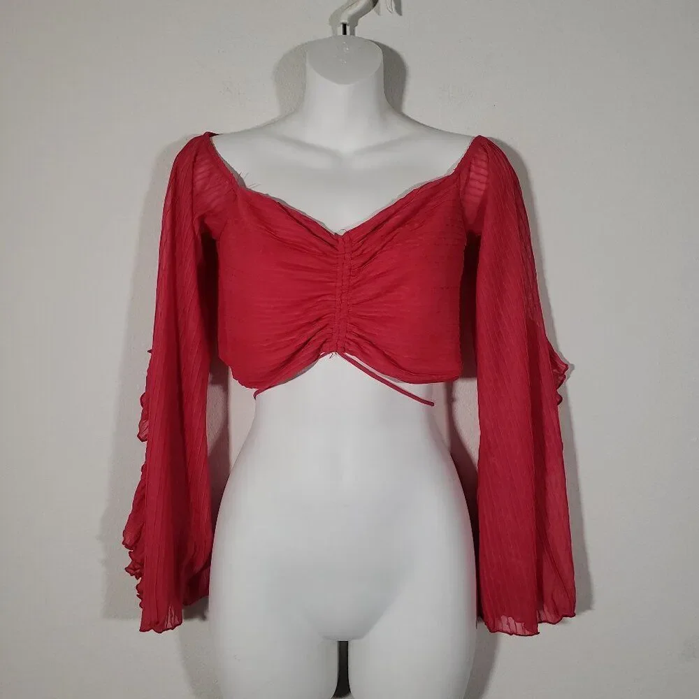 Zara women's Crop Top Large Hot Pink Ruched Sheer Fairy Ruffles Boho Hippie